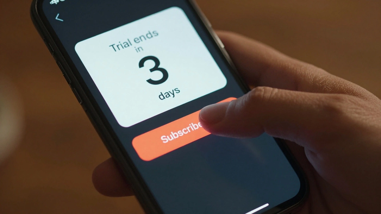 Hand clicking subscribe button on smartphone with trial end notification visible.